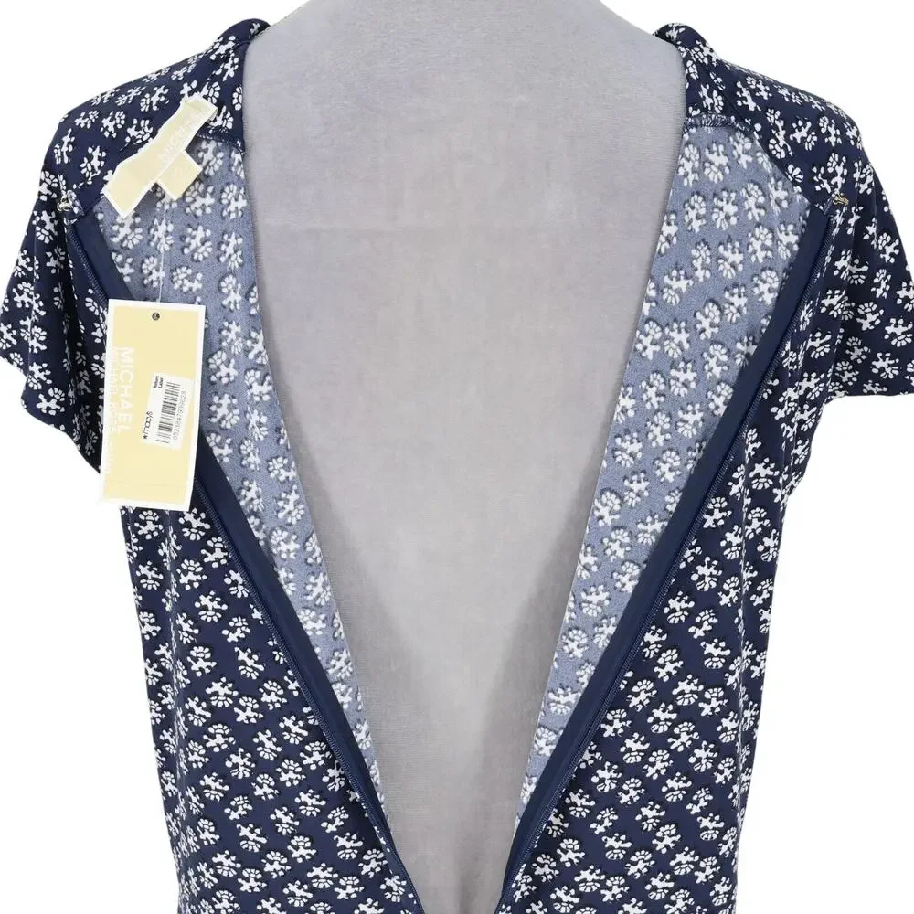 Michael Kors Dress Plus Size 1X Navy Blue Print Stretch Knit Zipper Career New